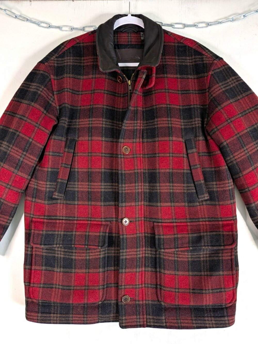 Vintage Johnnie Walker Red Plaid Wool Barn Jacket Mens XL Leather Collar Quilted